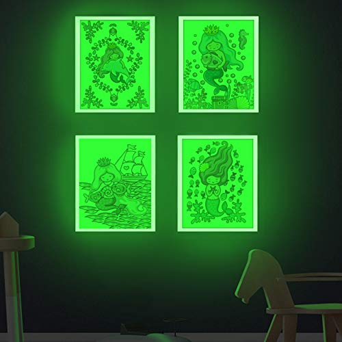 Mermaid Wall Decor, Glow in The Dark 4 Posters for Girls Bedroom,Glowing Pictures, Birthday Gift for for Little Kids Nursery, Toddlers, Room Decoration.