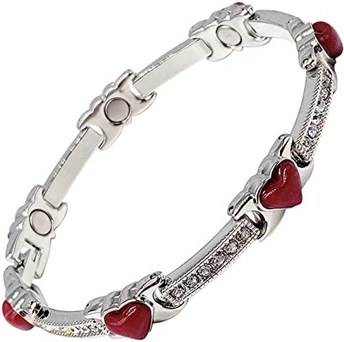 Magnetic Bracelet For Women - Natural Red Agate Gem Stone Hearts Design. - Fits Wrist Up To 18.5cm - Supplied With Jewellery Gift Box