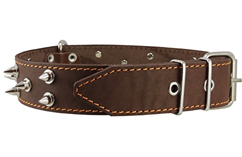 Real Leather Brown Spiked Dog Collar Spikes, 1.6" Wide. Fits 19"-23" Neck, Large Breeds Mastiff, American Bulldog.