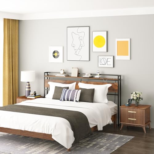 HOOBRO King Size Headboard with Storage, Wooden King Headboard with Power Outlets, Industrial King Bed Headboard Only, Adjustable Height, with Metal Frame, Rustic Brown and Black EBF98KBH01