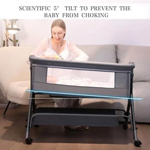 DMG TECH Crib, Bedside Sleeper Bedside Crib, Multifunctional 4-In-1 with Breathable Net, With Diaper Table, Mosquito Net, Mattress, Storage Basket Easy Folding Portable Crib For Newborn Baby
