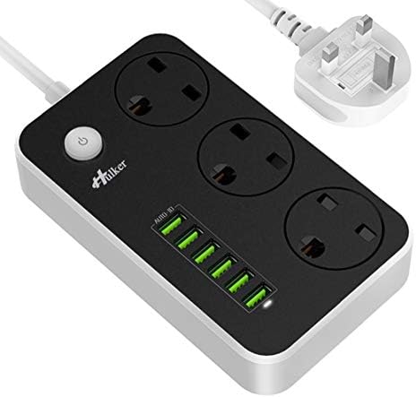 Extension Lead with USB ports 3 Way Outlets 6 USB Ports Surge Protection Power Strip UK Power Socket with 2 Meter Bold Extension cord With Fuse and Shutter Power strips (Black-UK Socket)