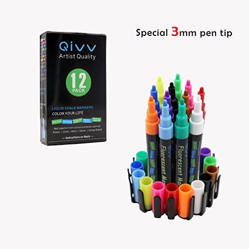 CHALK MARKERS, 12 Colors QIVV Liquid Chalk Markers Neon Pens 3mm Bullet Tip, Wet Erase Chalk Markers for Nonporous Chalkboards, Bistro boards, Plastic Glass Mirror Metal Glossy Board, Windows