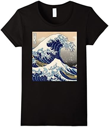 Women's Wave T-Shirt - Awesome Japanese Retro Antique Art Print Medium Black