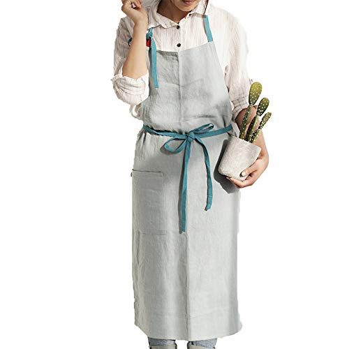 UHEIM Premium Free Size Linen Bib Apron Kitchen Apron with Large Pocket 9 Colors (Light Blue)