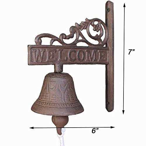 KiaoTime Vintage Rustic Cast Iron WELCOME Sign Ring Bell Country Farmhouse Wall Decor Door Bell Antique style Dinner Bell Decorative Welcome Wall Plaque Yard Sign