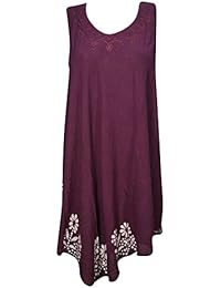 Womens Sundress Batik Embroidered Oversized Flared Hem Swing Sleeveless Tank Dress Cover up