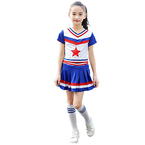 Girls Cheerleader Costume Uniform Youth Star Cheerleading Outfit Match PomPoms (6x-7, Short sleeve)
