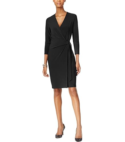 Anne Klein Petite Classic 3/4 Sleeve Wrap Dress Black at Amazon Women's Clothing store