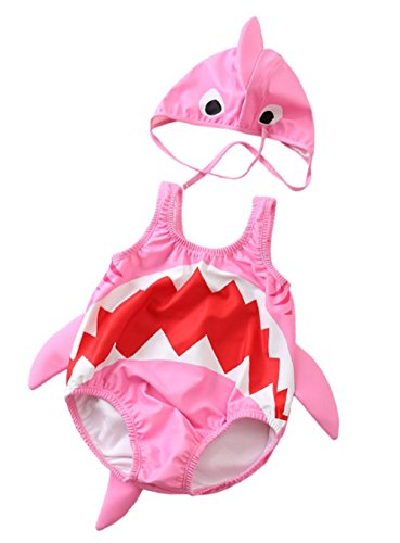Kids Baby Boys Girls 3D Cartoon Shark One-Piece Swimsuit Bodysuit Bathing Suit with Cap Size 1-2 Years/TagXL (Pink) - Thumbnail 2