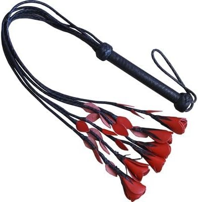 Black and Red Leather Rose Tipped Horse Whip