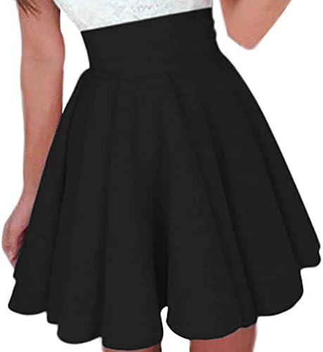 WITION Elastic Waist A Line Flared Skater Pleated Midi Skirt (M, Black)