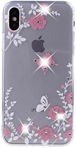 GreatQIQI iPhone X Case, Soft Flexible TPU Silicone Rubber Gel Utral Slim Clear Protective Cover Case with Bling Glitter Crystal Rhinestones Diamond for iPhone X 10 5.8 inch (Butterfly Flower)