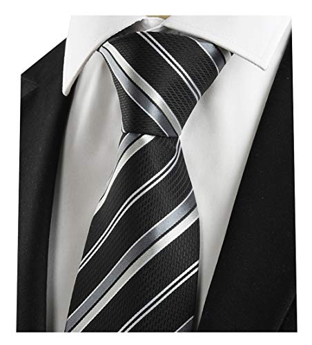 L04BABY Men's Classic Black Silver Striped Jacquard Woven 100% Silk Tie Necktie