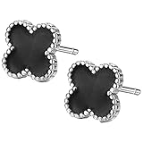 Sterling Silver Plated Black Onyx Agate Beads Sided Four Clover Flower Womens Stud Earrings