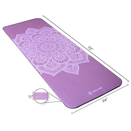 Incline Fit High Density Extra Thick & Long Comfort Foam Exercise Yoga Mat for Pilates, Fitness & Workout with Carrying Strap, 72" x 24" x 1/2", Violet Mandala