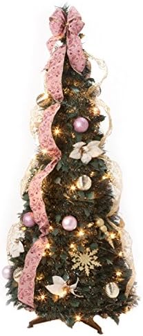 HOLIDAY PEAK 4’ Victorian Style Pull-Up Christmas Tree, Gold and Blush Pink, Pre-Lit and Fully Decorated, Collapses for Easy Storage
