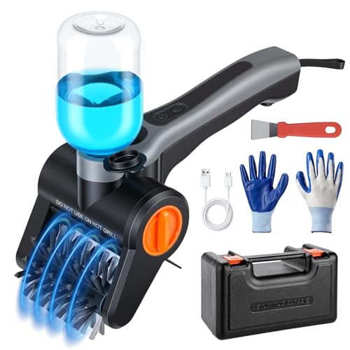 Cepillo Eléctrico para Parrilla 100W con Botella Rociadora – Recargable 7,4V, 2 Velocidades, 90 Min de Autonomía, IPX8 Impermeable – Limpiador Parrilla Barbacoa Eléctrico con Caja de Herramientas