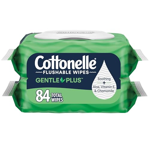 Cottonelle GentlePlus Flushable Wet Wipes with Aloe & Vitamin E - 2 Flip-Top Packs, 84 Total Flushable Wipes | 2 Flip-Top Packs, Soothing, Breaks Down After Flushing, Hypoallergenic, Plant-Based, FSC Certified