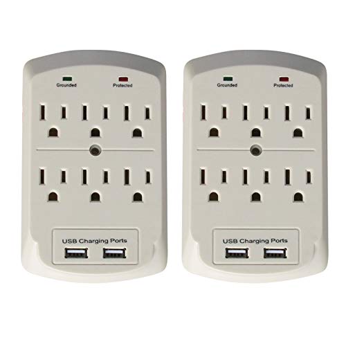 2-Pack Luxtronic 6-Outlet Wall Tap Surge Protector with 2 USB Ports 2.1A
