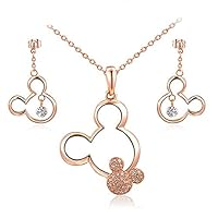 Rrunzfon Rose Gold Plated Mickey Mouse Necklace and Earring Crystal Accents Minnie Mouse