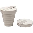 HuNu Collapsible Coffee Cup with Lid - Reusable & Microwave Safe Silicone Collapsible Cup, Foldable Cup, Portable Coffee Travel Mug/Camping Cup (16OZ, Warm Grey)*Straw Sold Separately*