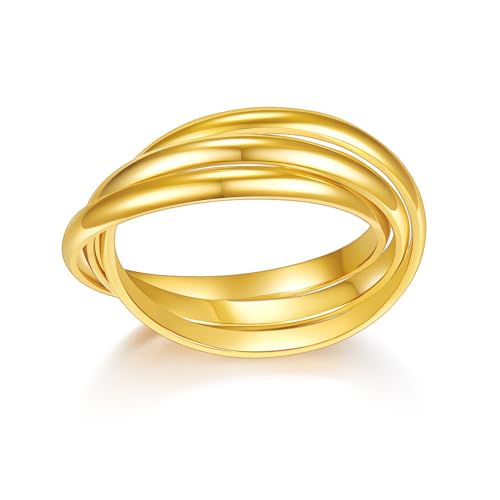 BORUO 925 Sterling Silver Ring, 14K Gold Plated Fidget Anxiety Ring, Triple Row Rolling Interlocking Stacking High Polish Band for Women, Men| Each Band Width 1.8mm 3mm Size 4-12