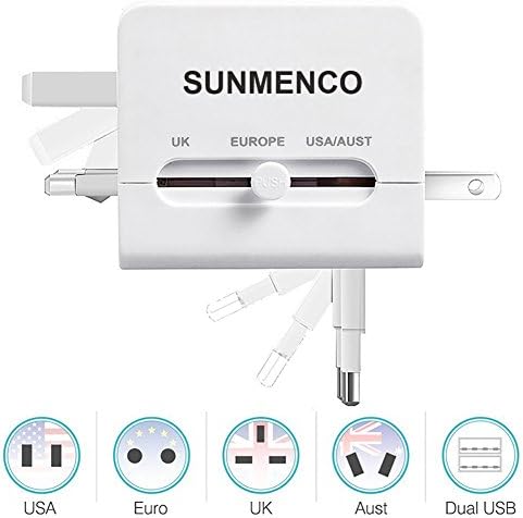 SUNMENCO All-In-One Worldwide Travel Plug Adapter International AC Power Adapter Safety Wall Charger &amp; Converter (US/JP UK EU AU/CN) w/ 2 USB Charging Ports for iPhone 8 7 7s Laptops (White)