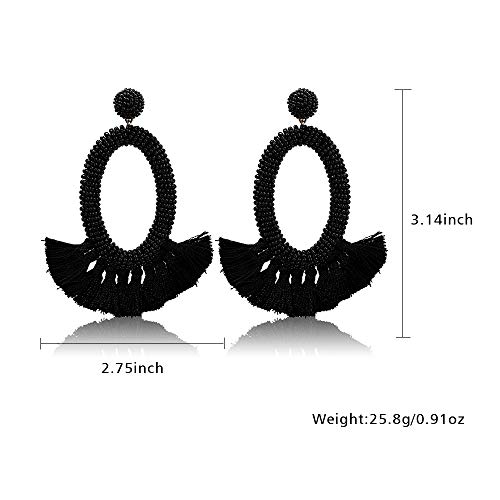 Women's Beaded Tassel Earrings Long Fringe Drop Bohemian Earings Dangle 7 Colors (Bead-Black) - Thumbnail 3