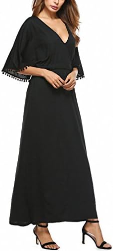 Women Sexy Long Dress Party Elegant Ladies Deep V Neck Pom-pom Half Sleeve High Waist Tie Maxi Dress Vestidos Q558 Black S