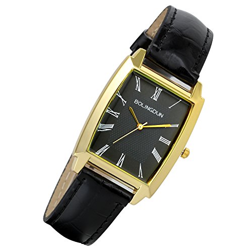 Lancardo Men'S Rectangle Square Bright Gold Tone Case Black Leather Band Wrist Watch Black Face
