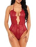 Avidlove Women's Lingerie Bodysuit Deep V Halter Floral Lace One Piece Teddy Lingerie
