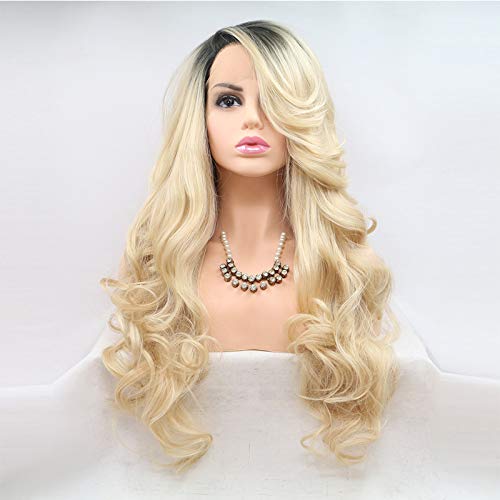 Xiweiya Ombre Blonde Lace Front Wigs Long Body Wavy Mixed Platinum Blonde Synthetic Lace Front Wig Side Part Heat Resistant Hair Half Hand Tied 24inch — image 1