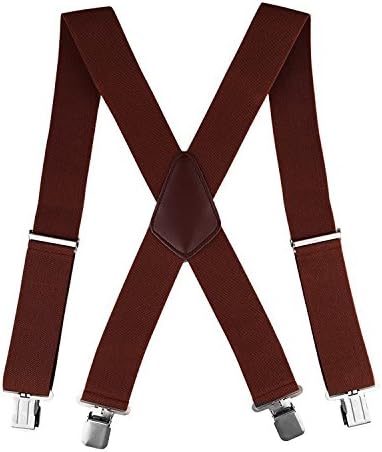 Mens Suspenders X-Back 2" Wide X Shape Braces Elastic and Adjustable Solid Straight Clip Suspenders, Heavy Duty (Dark Brown)