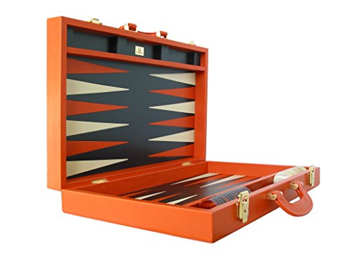 Leather Backgammon Set by Zaza & Sacci - (20" Case, Board Game) - Orange