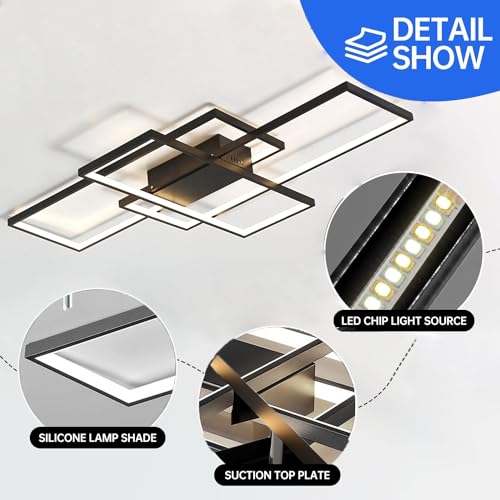 ASJK Ceiling Light Living Room 60 W Modern LED Ceiling Light Square 3000 K 6000 K Geometric Multifunctional Ceiling Lighting with Remote Control for Living Room (80 cm, Black)