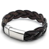 KONOV Brown Leather Mens Bracelet Bangle Stainless Steel Clasp, 16mm - 8