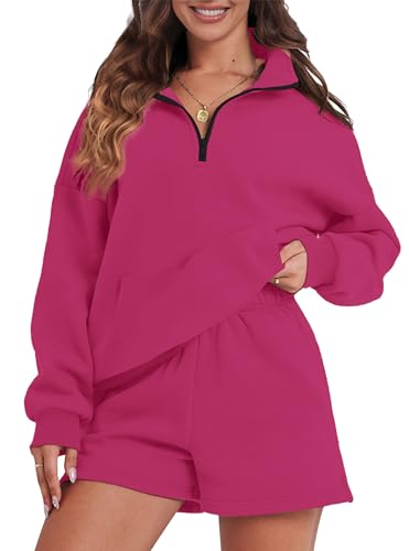 FKEEP Womens Sweatsuits 2 Piece Outfits Half Zip Sweatshirt Sweat Shorts with P…