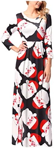 Vabecid Christmas Dress, Womens O Neck Printed Gifts Xmas Long Sleeves Maxi Dress