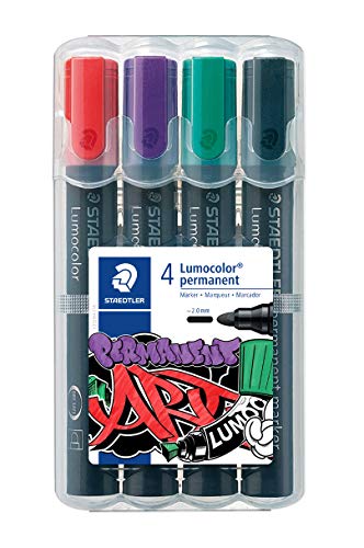 352 WP4-1 Lumocolor Permanent Art. Estuche exclusivo STAEDTLER box con 4 marcadores de tinta permanente con punta redonda, colores surtidos
