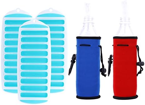 Bella Amazing- Ice Stick Tray and Water Bottle Insulator Sleeve Set. Pack of 5. Includes Set of 3 Long Ice Cylinder Molds and 2 Neoprene Sleeves. Great Value Bundle for your Thin Ice Cube Tubes. Sili