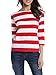 FENSACE Womens 3/4 Sleeve Cotton Red and White Striped T-Shirt,Red,Small
