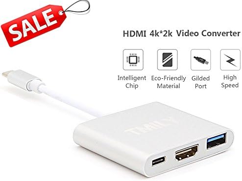 USB-C to HDMI Adapter, Tmily 3 in 1 Type C Digital AV Multiport Adapter USB 3.0 Connector for Macbook, Lenovo Yoga 900, HP Spectre,Dell XPS,Chromebook and Other Laptop Devices with Type C Port(Silver)