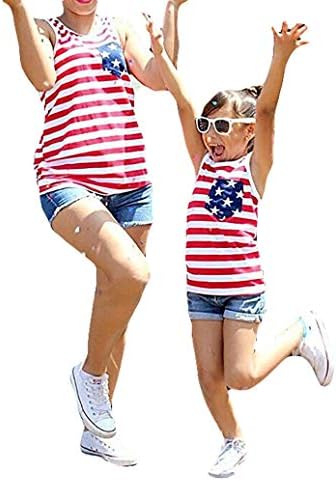 Gueuusu 4th of July Mommy and Me American Flag Striped Stars Tank Tops Cami Vest Sleeveless Shirts
