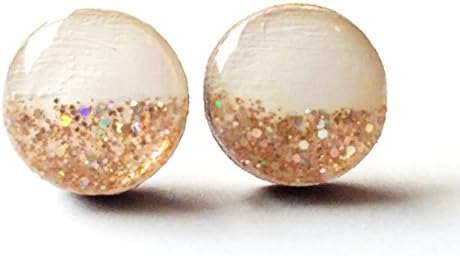 Hand painted white with rose gold glitter wood stud earrings 10mm