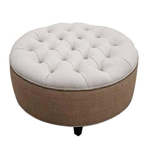Tufted Round Ottoman, 30" Linen and Burlap Handmade