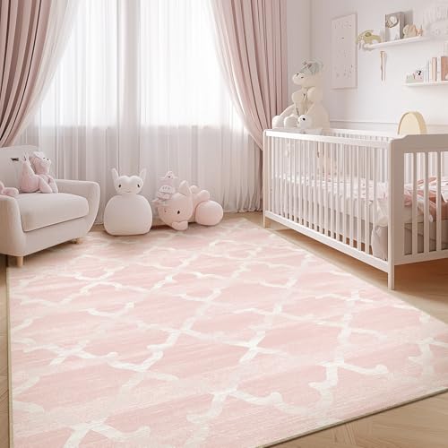 Photo 1 of RELEANY Area Rug 6x9, Moroccan Trellis Print Carpet, Machine Washable Non-Slip Rugs for Living Room, Bedroom, Dining Room & Entryway, Pink Area Rug