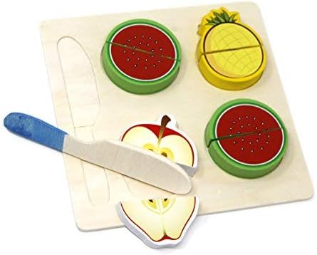 Fusine 4 Pcs Wooden Assorted Realistic Sliceable Fruits, Vegetables, Knife Cutting Pretend Play Toy Set, Multi Color