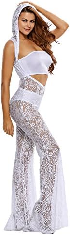 LittleLittleSky Womens Sexy Open Front Hoody 3pcs Lace Jumpsuits Rompers Set ((US 12-14)L, White)