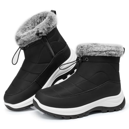 SHIBEVER Women Winter Snow Boots: Black Waterproof Fur Lined Ankle Booties at Amazon